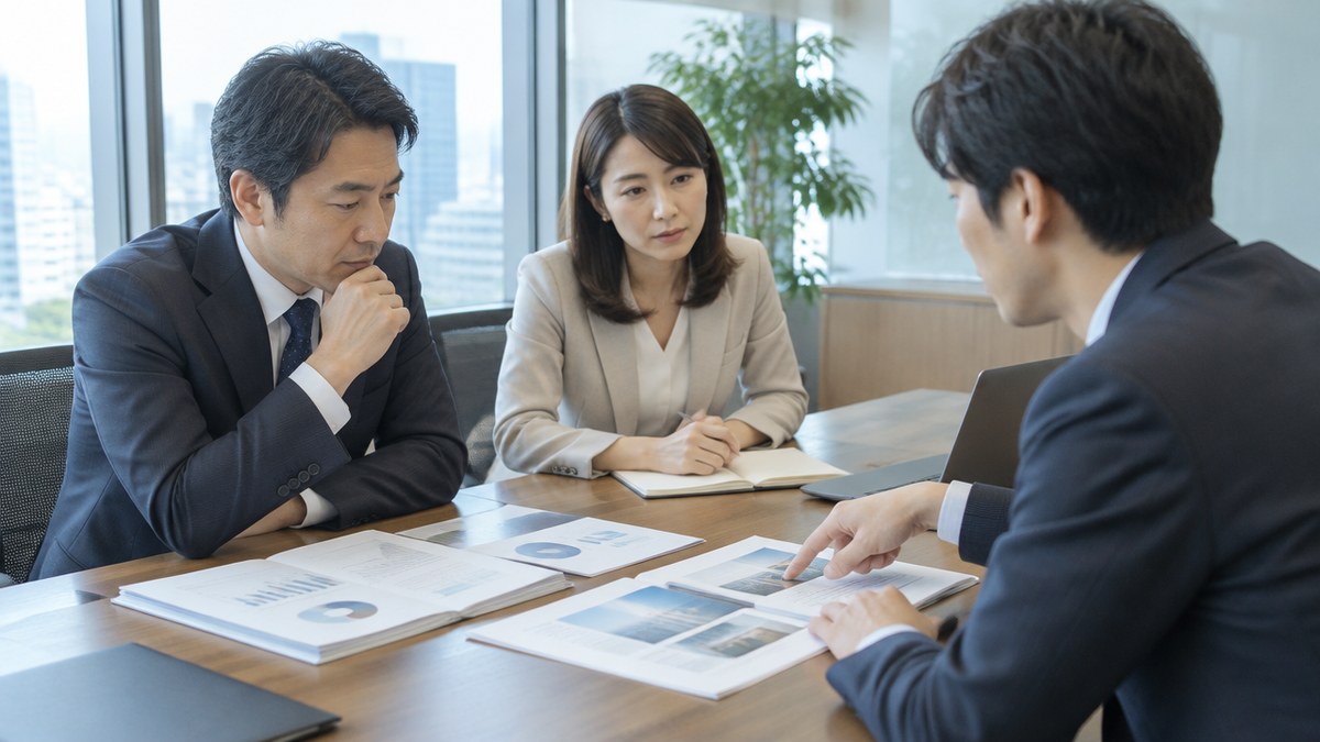 広告主と代理店の担当者が、既存の運用を止めずに成果報酬型をテストで足す進め方を打ち合わせている