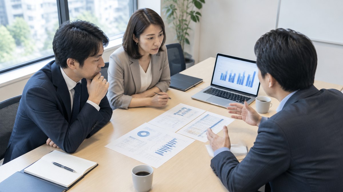 広告主とピアラの担当者が、成果単価とROASの数字を見ながら成果報酬型広告の設計を話し合っている