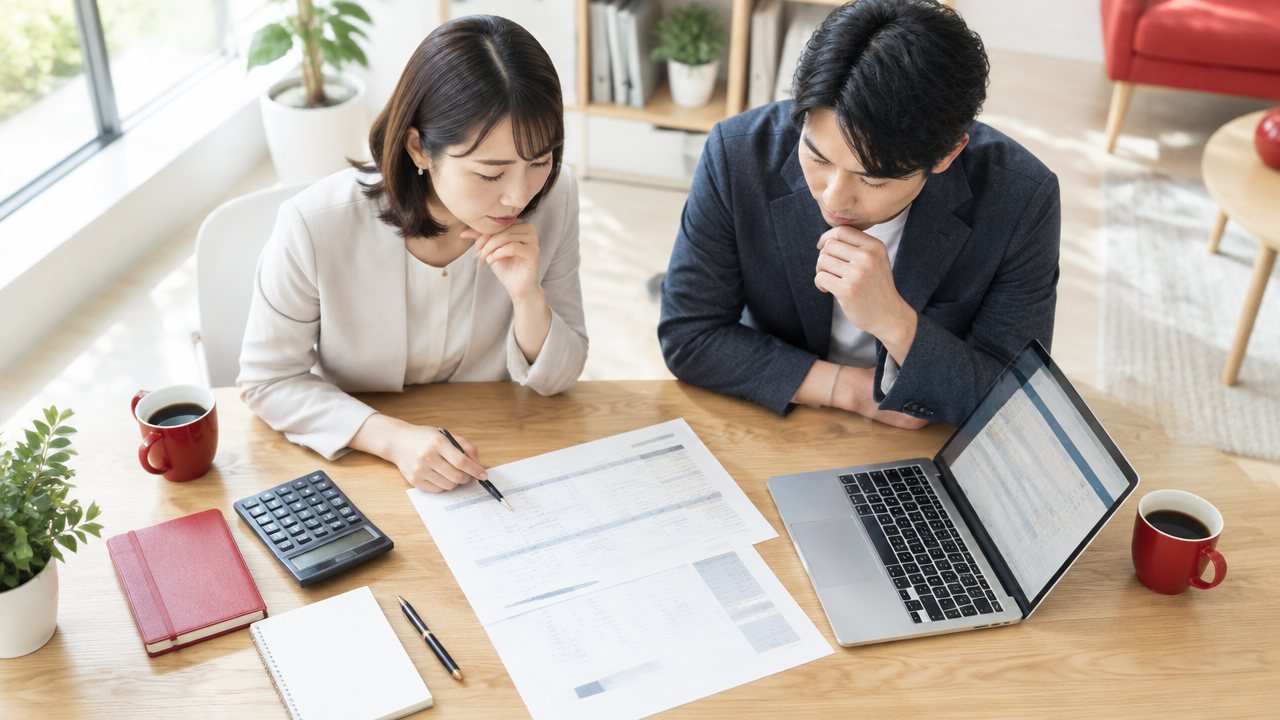 見積書と料金一覧を見比べるマーケティング担当者。薬機法チェックの外注費用を検討する様子
